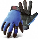 BOSS® GUARD™ 890 Mechanic Split Leather Black Palm, Adjust. Wrist Gloves, Double Stitched in High Wear Areas, Elastic Poly Spandex Blue Back, Vented Fingers, Keystone Thumb, Available Sizes: M & L, Price Per Pair