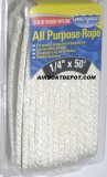 1/4" X 50' Solid Braided Nylon All Purpose Rope, White, Each
