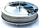 C221382 Chrome Plated Steel 10" x 2" Muscle Car Style Air Cleaner Set, Fits 5-1/8" Carb Neck, Paper Element & Raised Base W/Breather Tube, Price Per Set