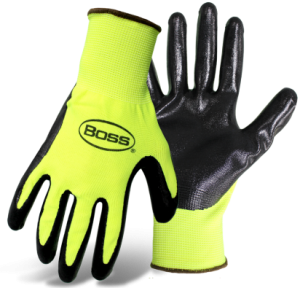 BOSS® 1UH7802 Hi-Visibility Green/Lime Industrial Assembly Gloves, Polyester Shell W/Nitrile Smooth Dipped Coated Palm, Knit Wrist, Available Sizes: M, L & 2xL, Price Per Pair