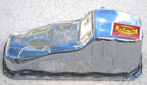 RPC® R9005 4QT Chrome Plated Oil Pan, Driver Side Dipstick, GM V-8 SB Chevy 283-305-327-350-400 C.I.D. (1955-79), Each