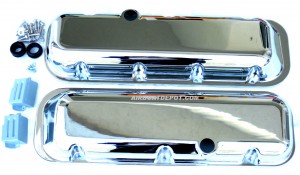 RPC® R6231-2C "Short -Plain w/Hole" Chromed Aluminum Valve Cover Set W/ (1) Breather, (1) PVC Grommet, (2) Baffles & (1) Stainless Steel Bolt Kit, 2-7/8" H, BB Chevy 396-502 C.I.D. (65-95)
