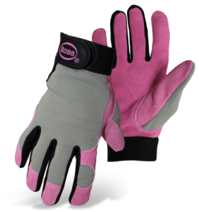 BOSS® Dig-In™ 790 Ladies Mechanic/Garden Split Leather Palm, Adj. Wrist Gloves, Elastic Poly Spandex Back, Vented Fingers, Keystone Thumb, Available Sizes & Colors: Pink, Lavender or Mint, M & L, Price Per Pair